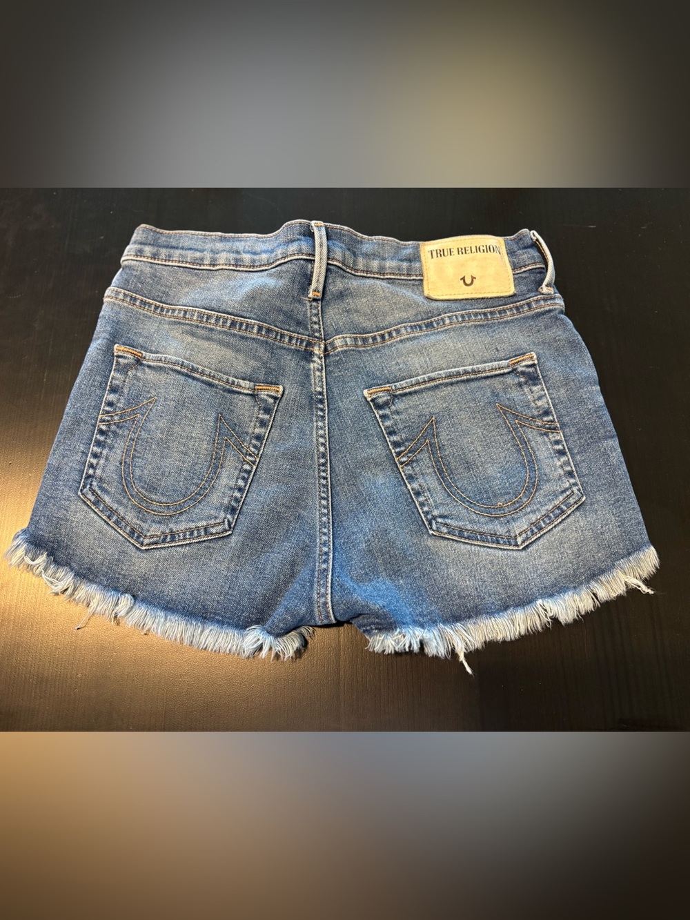 True Religion Scout BF Mullet Short Short Gypset Blue Distressed Denim Size 25 - Picture 3 of 11